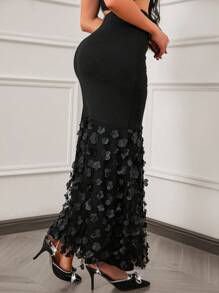 Xyvia Váy maxi ôm sát đuôi cá họa tiết hoa 3D, chất liệu lưới co giãn màu đen gợi cảm thanh lịch dành cho nữ, mùa xuân/hè - màu đen - Xem 4