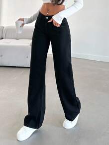 SHEIN Tall 100%Cotton LOW AIST BLACK STAIGHT CUT LONG HEM JEAN - Black - View 3