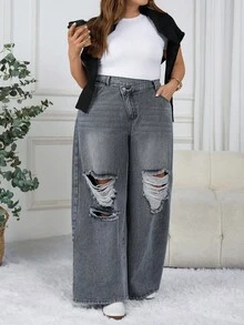 SHEIN CURVE+ Jeans larghi con tasche asimmetriche in vita e effetto vissuto per taglie comode da donna - Grigio - Visualizzare 5