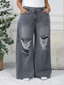 SHEIN CURVE+ Jeans larghi con tasche asimmetriche in vita e effetto vissuto per taglie comode da donna - Grigio - Visualizzare 7