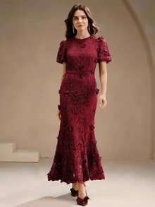 Anewsta 女式夏季新款碎花蕾丝连衣裙，优雅派对时尚 - 酒紅色 - 查看 4