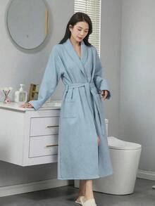 SHEIN 1 pezzo di accappatoio stile waffle, vestaglia unisex per adulti, pigiama primaverile/estivo, ad asciugatura rapida e ad assorbimento d'acqua, vestibilità morbida, disponibile in più colori, essenziale per il bagno e la casa, adatto per la stagione scolastica - Colletto verde multicolore - Visualizzare 5