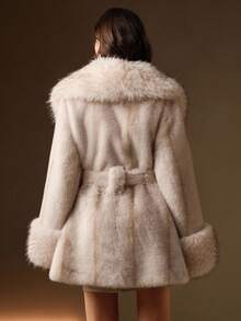 Anewsta 女士优雅仿皮草领收腰时尚仿皮草外套 - 杏色 - 查看 2