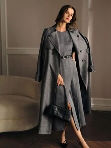 MOTF PREMIUM 翻领双排扣门襟带扣腰带风衣 - 灰色 - 查看 4