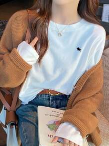 EMERY ROSE Women's Round Neck Solid Color Printed Casual Pullover, Women's Plus Size Long Sleeved T-Shirt, Suitable For Autumn Fall Cloth For Women - White - View 5