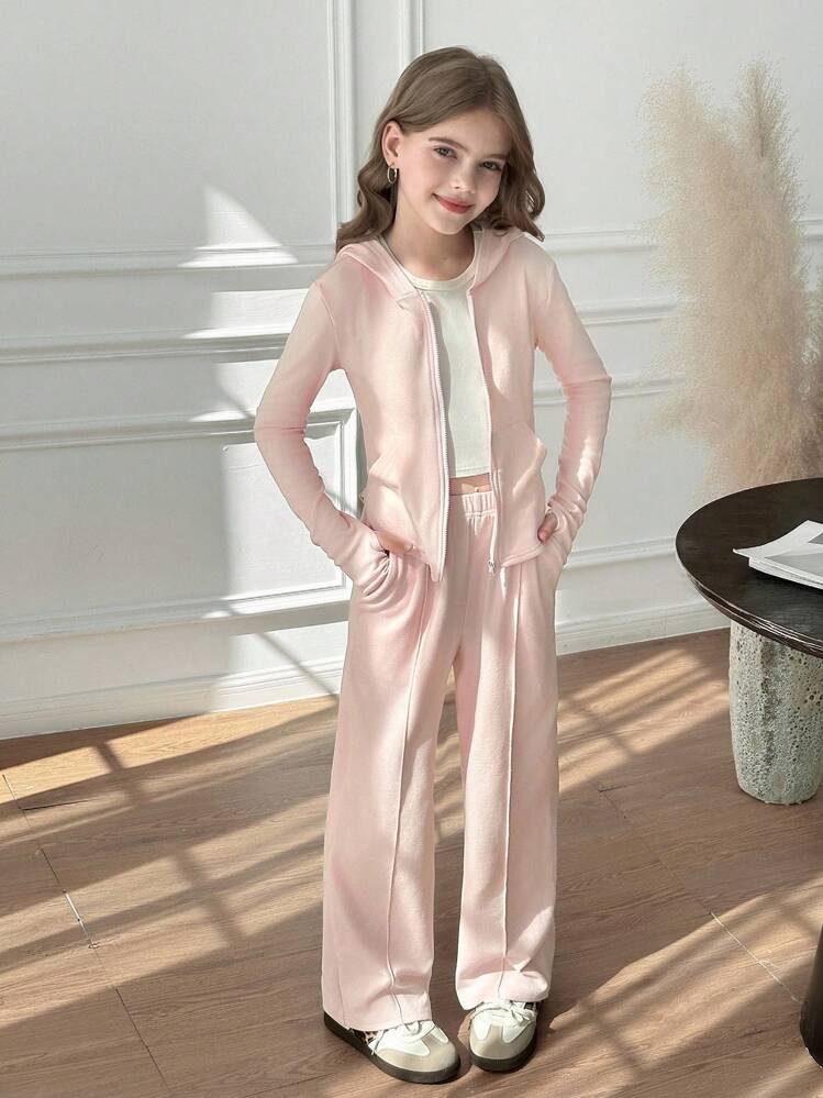 SHEIN Tween Girls 2pcs Solid Pink Drawstring Hoodie Top And Wide Leg Pants Set, Casual For Spring/Autumn, Daily Wear, Tween Girls Light Pink Outfit, Spring Autumn Tween Girls Pants Set, Winter Girls Clothes, Mommy And Me Matching Outfit, Chic Autumn, Chic Autumn Mother Daughter Outfits Fall Girls Long Sleeve Tracksuit Pink Loungewear Set - Pink - View 8