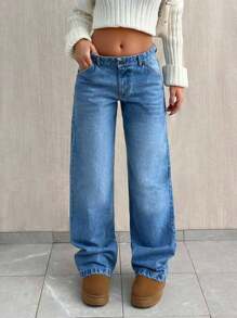 SHEIN Tall 高腰休闲宽松直筒牛仔裤 - 中等水洗藍 - 查看 4