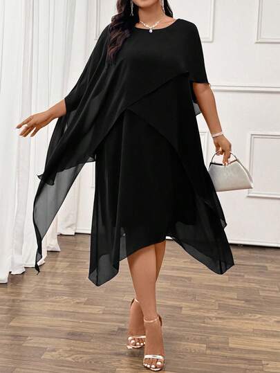 SHEIN Clasi 优雅通勤和派对休闲女士时尚畅销百搭舒适雪纺面料圆领短袖多层中长连衣裙，海军蓝，加大码