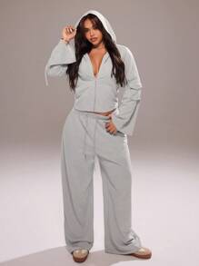 Rustia Plus Size Casual 2 Pieces Set: Long Sleeve Zip-Up Hoodie And Drawstring Pants Fall Cloth For Women CASUAL - Light Grey - View 5