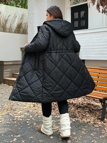 SHEIN EZwear 2025 Autumn/Winter New Casual Hooded Quilted Padded Mid-Length Cotton Jacket, Cinched Waist, Versatile For Outings, Daily, Party, Date, Holiday, Black, Plus Size - Black - View 8