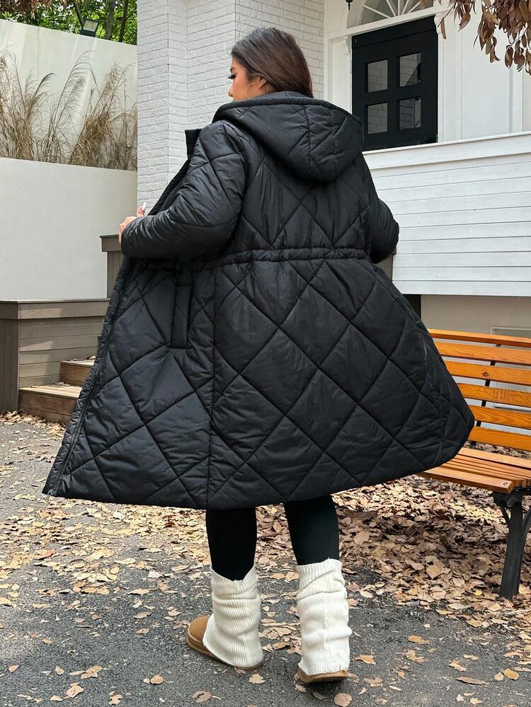 SHEIN EZwear 2025 Autumn/Winter New Casual Hooded Quilted Padded Mid-Length Cotton Jacket, Cinched Waist, Versatile For Outings, Daily, Party, Date, Holiday, Black, Plus Size - Black - View 7