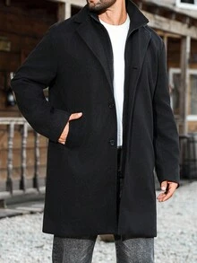 Manfinity Nomadique Men's Solid Color Lapel Neck Single-Breasted Casual Jacket Men Coat Men Winter Coat Men Jackets - Black - View 3