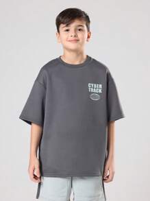 SUMWON Cyber Track Modernes Boxy Kinder Zwei-Teiler Co-Ord Set, Lässig Street Style Grafik Muster Grau T-Shirt, Mintgrün Shorts, Sommer Outfit Kollektion - Grau - Übersicht 3