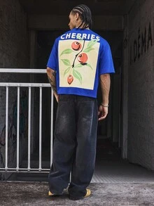 PAVTROS Manfinity Streetrush Herren Vintage Kirschprint T-Shirt, Strick Rundhals Tee, locker geschnittener Crop Fit, lustiges Kirsch Grafik Design, geeignet für Lässig, Streetwear, Training, Schulanfang, Mode, Geschenk, Freund Geschenk, Unisex