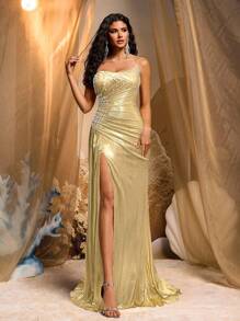 Glamrae Falda de cola de pez con abertura, elástica, con volantes, adornada con cuentas y cristales, elegante y lujosa, adecuada para bodas, fiestas, vacaciones, galas y ocasiones formales (muy recargada) - Amarillo claro - Ver 4