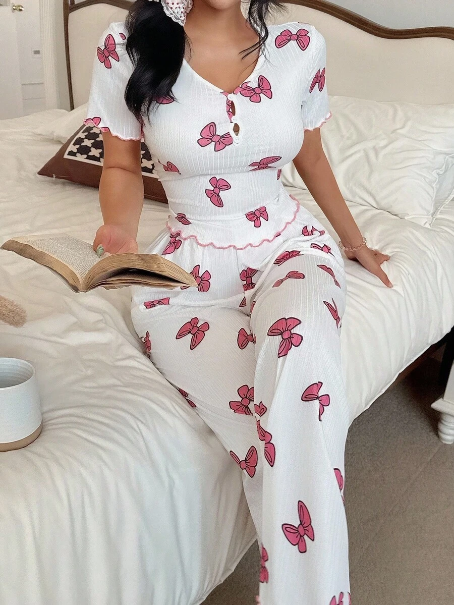 SHEIN Bộ đồ ngủ dệt kim tay ngắn cổ chữ V in nơ màu hồng dành cho nữ Bộ đồ ngủ hai mảnh dành cho nữ Bộ đồ ngủ nơ Bộ đồ ngủ dễ thương Bộ đồ ngủ phù hợp - trắng - Xem 1