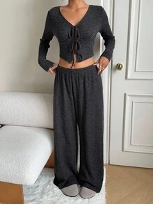 SHEIN EZwear 2pcs/Set Women Casual Grey Long Sleeve Tie Front Top And Wide Leg Pants,Autume/Winter - Grey - View 5