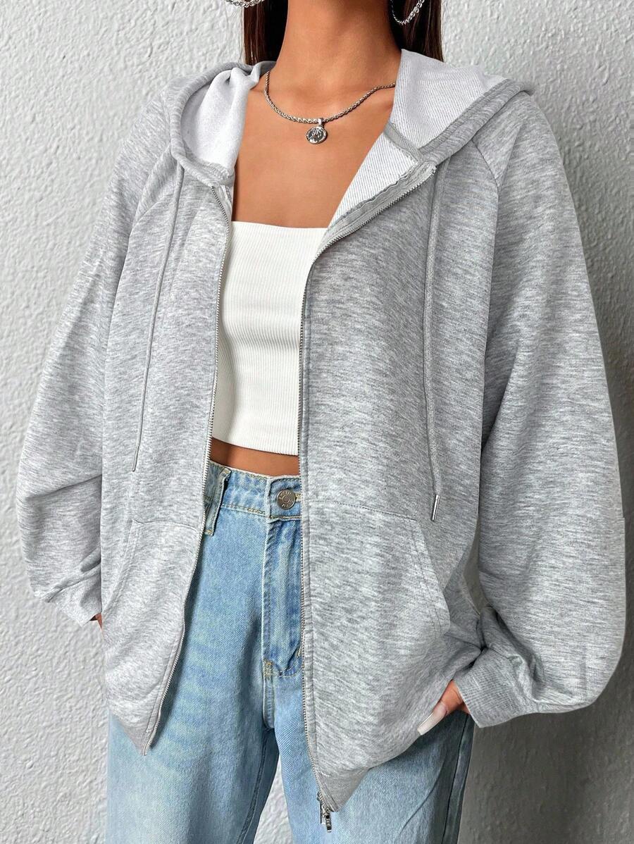 SHEIN EZwear Áo nỉ dài tay có mũ dành cho nữ cỡ lớn, kiểu dáng thường ngày, thích hợp cho mùa thu đông. - Xám - Xem 1