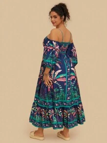 Levarali Plus Size Women's Vintage Boho Casual Bohemian Style Tropical Plant Print Long Dress Beach Vacation Party Navy Blue Summer - Multicolor - View 3