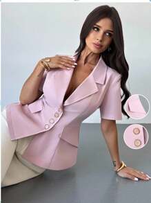 女士优雅修身A字短袖薄款西装外套，荷叶边粉色，适合通勤、夏季、教师穿着。 - 藕粉色 - 查看 2