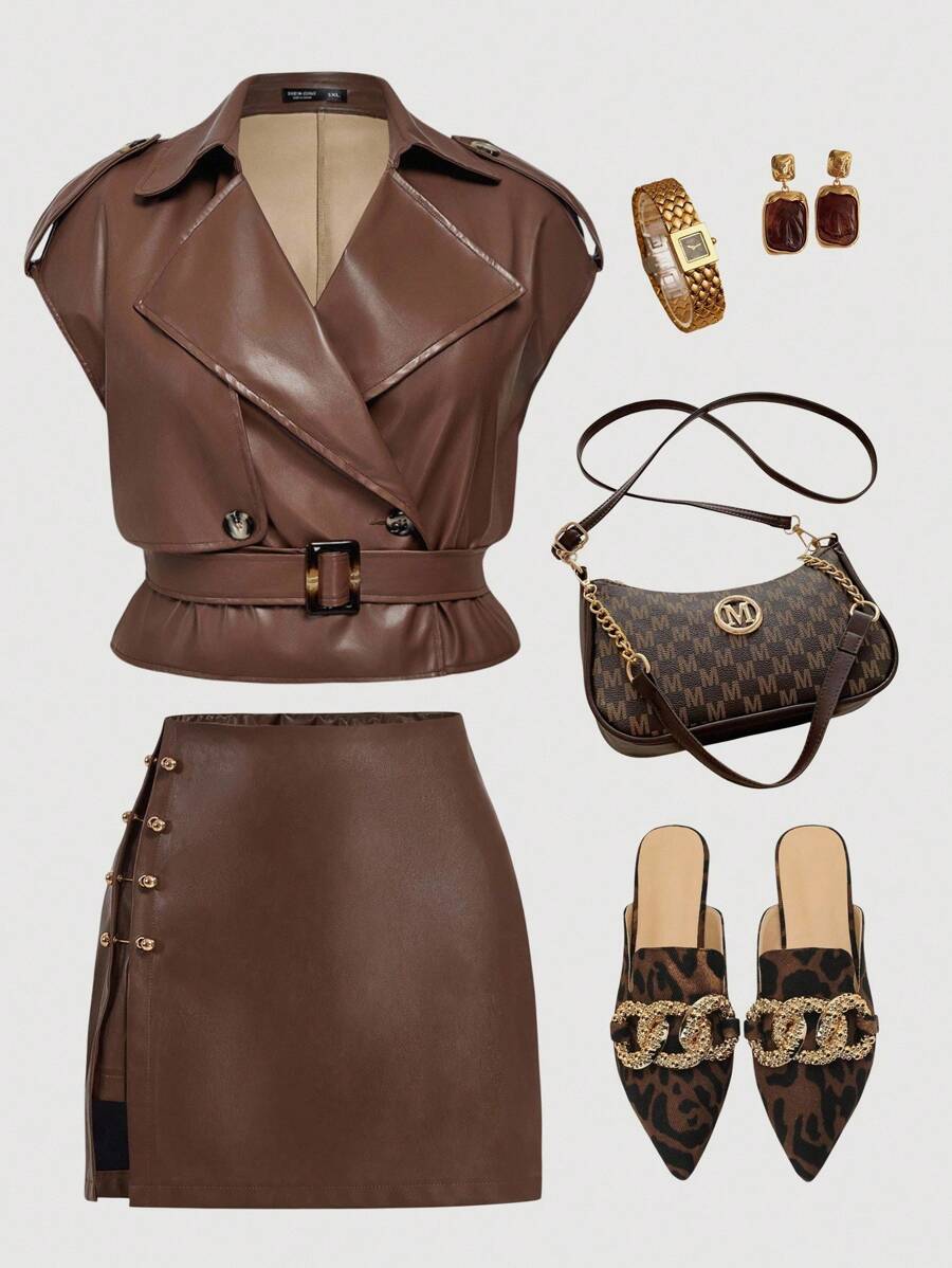 SHEIN MOD 加大码复古棕色百搭 PU 皮革无袖风衣，教师优雅款 - 棕色 - 查看 1