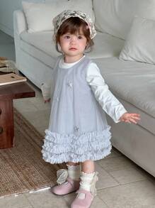 DAZY 女童圆领韩版荷叶边星星中长款派对生日连衣裙 - 灰色 - 查看 7