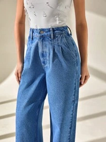 CLARA VERO Pantalón vaquero de mujer de cintura alta, pierna recta y plisado