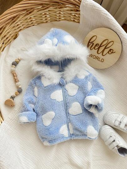 SHEIN 新生女婴夹克，粉色心形毛绒连帽夹克，适合户外、派对等场合，秋冬季