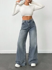 EURMUSE VINTAGE Casual WASH HIGH WAIST WIDE LEG CUT FRAYED HEM Y2K STYLE JEAN Summer Everyday Light Blue - Dusty Blue - View 4