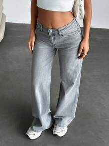 CasuGlow 休闲洗水亮片星星设计直筒牛仔裤 - 灰色 - 查看 3