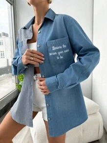 EURMUSE Oversize Jacket With Text Print On The Pocket, Hybridized With Denim-Look Fabric And Striped Fabric - Blue - View 3