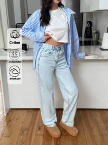 EURMUSE 100%Cotton WOMEN FASHIONABLE STRAIGHT JEANS - Medium Wash - View 3