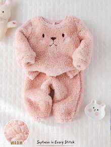 Cozy Pixies 2 件套女婴卡通猫咪图案针织柔软圆领长袖套头衫和松紧腰裤套装 - 粉色 - 查看 3