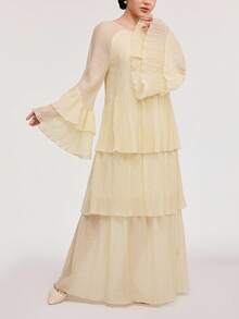 Veilorie Women's Solid Color Elegant Semi-Sheer Long Sleeve Dress - Apricot - View 3