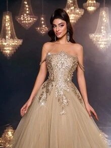 Glamrae 优雅奢华仿珍珠串珠刺绣蕾丝露肩薄纱超蓬松连衣裙，适合婚礼、活动、单身派对、度假、庆典、正式礼服（重度装饰） - 金色 - 查看 6