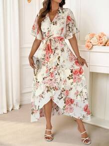 Reflora Curve Plus Size Women's Romantic Casual Daily Lotus Leaf Short Sleeve V-Neck Waist Tie Waist A-Line Ruffle Asymmetrical Hem Printed Long Dress,Floral Dress Women - Pink - View 5