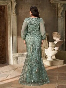 Aureia Đầm dạ hội cỡ lớn dành cho mùa thu đông, thanh lịch, lộng lẫy, màu xanh lá cây, thêu sequin, cổ chữ V, đính cườm, tay phồng, dáng ôm, đuôi cá, thích hợp cho bữa tối, tiệc độc thân, hẹn hò, khiêu vũ, lễ hội, đám cưới, sự kiện (kiểu dáng cầu kỳ), ngày Valentine. - màu xanh lá - Xem 7