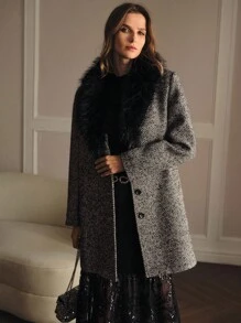 MOTF PREMIUM TWEED KONTRAST KUNSTPELZ GEGÜRTETER MANTEL - Schwarz - Übersicht 4