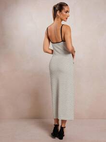 L'Amorae Women Striped Color Block Knit Midi Length Dress, Old Money Vacation Business Casual - Black and White - View 4