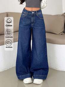 EURMUSE 高腰拉链阔腿休闲牛仔裤 - 中等水洗藍 - 查看 1