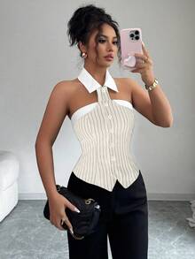 Elenzga 女士时尚黑白条纹露背吊带衫 - 杏色 - 查看 3