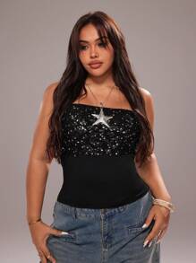 Rustia Plus Size Sexy Backless Sequin Knit Elastic Fitted Crop Top For Women, Summer - Black - View 8