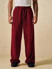 ROMWE MEN Pantalones de chándal brillantes de punto con cordón, de moda casual y versátiles para hombres - Burdeos - Ver 4