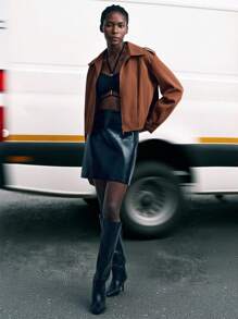 Maija Veste longue zippée ample de couleur unie pour femmes, veste marron, veste zippée marron, veste bomber marron pour femmes, vêtements d'automne pour femmes