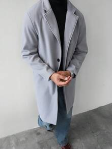 Manfinity Homme Áo khoác len dài đơn hàng ngày, cổ ve trơn màu, cài nút, dành cho nam, thu đông - Xám - Xem 4