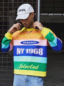 PAVTROS Manfinity Streetrush Striped & Letter Print Casual Fashionable Versatile Long Sleeve Hoodie For Men, Jerseys Streetwear, Mens Jersey Style, Vintage Jersey Men