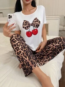 Women's Casual Leopard Print & Cherry Graphic Short Sleeve Pajama Set Women Pajama Set Leopard Pajama Set Leopard Pajamas Women Animal Print Pajama Set Cherry Print Pajamas - Multicolor - View 1
