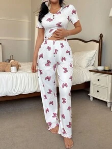 SHEIN Bộ đồ ngủ dệt kim tay ngắn cổ chữ V in nơ màu hồng dành cho nữ Bộ đồ ngủ hai mảnh dành cho nữ Bộ đồ ngủ nơ Bộ đồ ngủ dễ thương Bộ đồ ngủ phù hợp - trắng - Xem 6