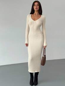 Aloruh Apricot Minimalist Commuter Deep V Neck Long Sleeve Bodycon Dress For Women Autumn Winter Clothes For Women - Apricot - View 3