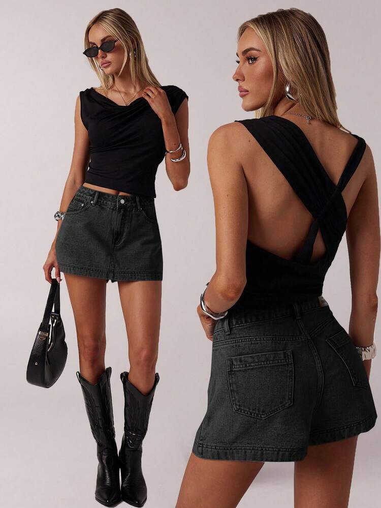 SHEIN Forever 21 春季复古街头风格女士休闲破洞牛仔迷你裙 - 黑色 - 查看 1